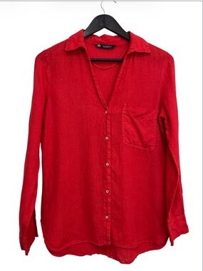Zara 100% Linen Button Up V-Neck Shirt